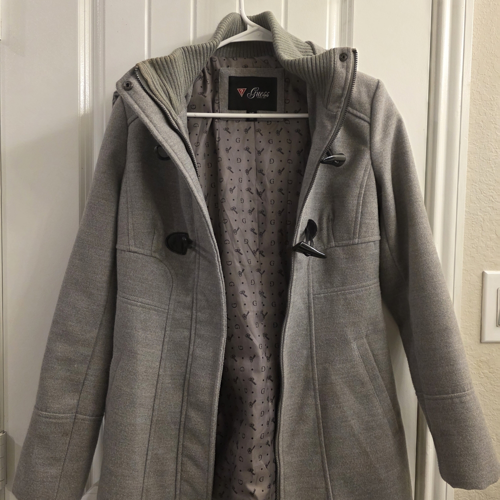 Guess Women's Light Gray Trench Coat with Toggle Details